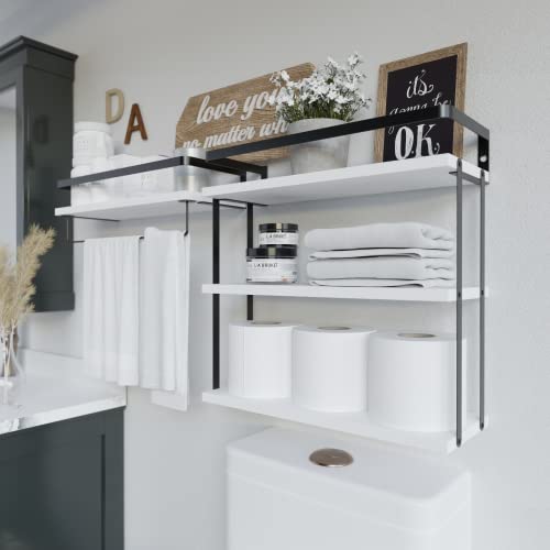 RICHER HOUSE 3+1 Tier Wall Mounted Floating Shelves Set of 2, Rustic Wood Wall Shelf with Metal Frame, Extra Storage Rack for Bathroom, Kitchen, Bedroom with Tissue Rack & Towel Bar - White