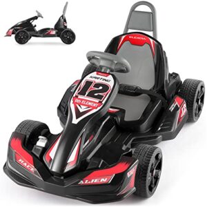 elemara electric go kart for kids, 12v 2wd battery powered ride on cars with parent remote control for boys girls,vehicle toy gift with adjustable seat,safety belt,usb port for age 3-8,carbon black
