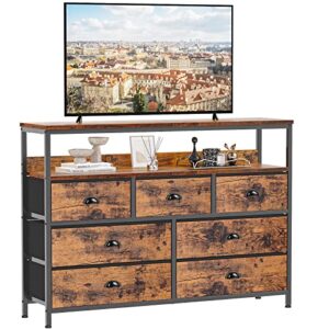 furologee dresser tv stand, console sofa table with 7 drawers and 2-tier open shelves, entertainment center for 45" tv, storage fabric drawer unit for bedroom, living room, entryway, rustic brown