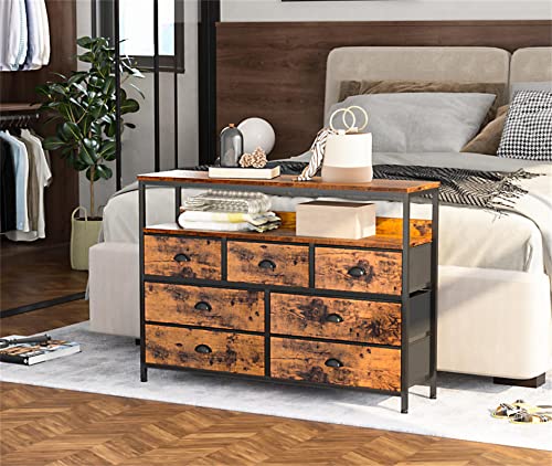 Furologee Dresser TV Stand, Console Sofa Table with 7 Drawers and 2-Tier Open Shelves, Entertainment Center for 45" TV, Storage Fabric Drawer Unit for Bedroom, Living Room, Entryway, Rustic Brown