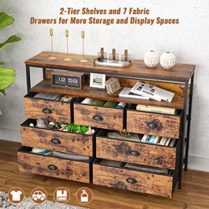 Furologee Dresser TV Stand, Console Sofa Table with 7 Drawers and 2-Tier Open Shelves, Entertainment Center for 45" TV, Storage Fabric Drawer Unit for Bedroom, Living Room, Entryway, Rustic Brown