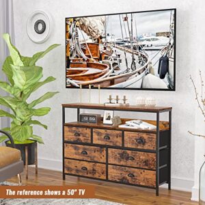 Furologee Dresser TV Stand, Console Sofa Table with 7 Drawers and 2-Tier Open Shelves, Entertainment Center for 45" TV, Storage Fabric Drawer Unit for Bedroom, Living Room, Entryway, Rustic Brown