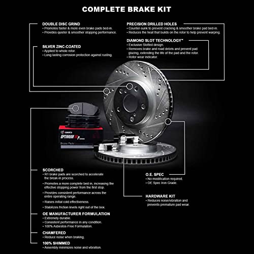 R1 Concepts Front Brakes and Rotors Kit |Front Brake Pads| Brake Rotors and Pads| Optimum OEp Brake Pads and Rotors| Hardware Kit|fits 2014-2022 INFINITI Q50, Q60, QX50