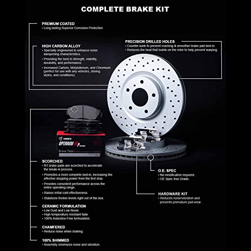 R1 Concepts Front Brakes and Rotors Kit |Front Brake Pads| Brake Rotors and Pads| Optimum OEp Brake Pads and Rotors| Hardware Kit|fits 2019-2022 Genesis G70