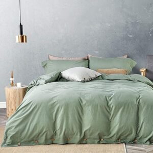 jellymoni green 100% washed cotton duvet cover set, 3 pieces luxury soft bedding set with buttons closure. solid color pattern duvet cover oversized king size(no comforter)