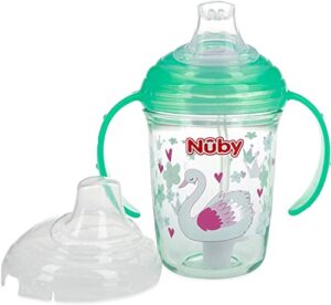 nuby no spill tritan 2 handle 360 weighted straw glitter print - spout cup, 8oz/ 240 ml /4 months +, green swan
