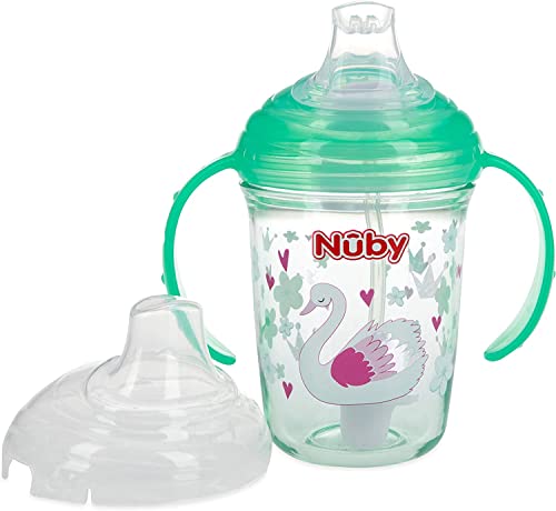 Nuby No Spill Tritan 2 Handle 360 Weighted Straw Glitter Print - Spout Cup, 8oz/ 240 Ml /4 Months +, Green Swan