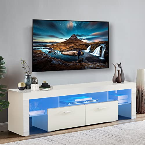 VAMWOGO LED TV Stand for 60 65 70 Inch TV Modern TV Stand Entertainment Center with LED Light & 2 Storage Drawers Media Console Table for Living Gaming Room White