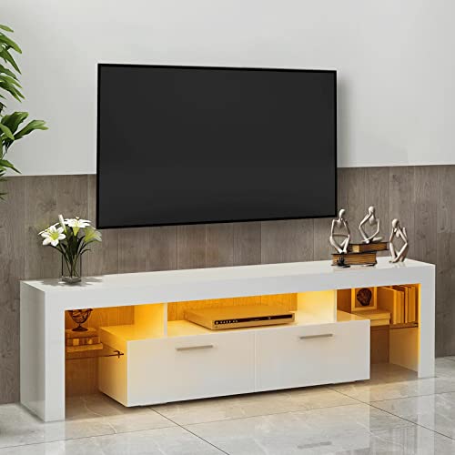 VAMWOGO LED TV Stand for 60 65 70 Inch TV Modern TV Stand Entertainment Center with LED Light & 2 Storage Drawers Media Console Table for Living Gaming Room White