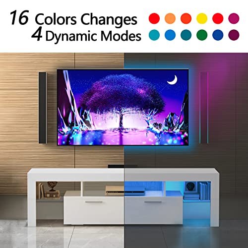 VAMWOGO LED TV Stand for 60 65 70 Inch TV Modern TV Stand Entertainment Center with LED Light & 2 Storage Drawers Media Console Table for Living Gaming Room White