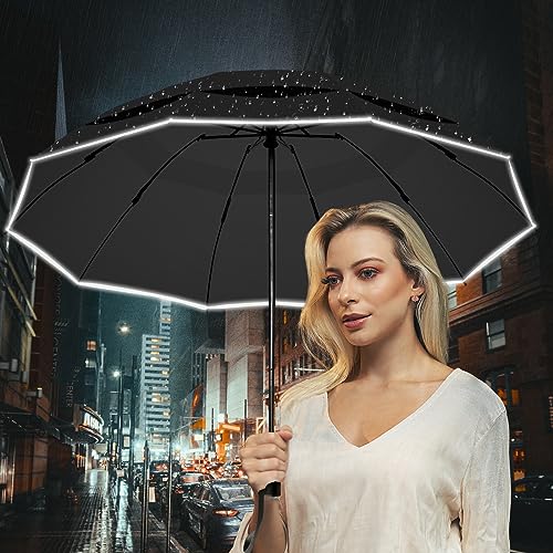 Trenovo Travel Inverted Umbrella - 10 Ribs Automatic Folding Reverse Umbrella, Upside Down Reflective Umbrella, Compact Windproof Umbrella with Double Vented Canopy for Women Men - Black