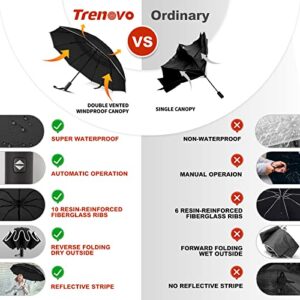 Trenovo Travel Inverted Umbrella - 10 Ribs Automatic Folding Reverse Umbrella, Upside Down Reflective Umbrella, Compact Windproof Umbrella with Double Vented Canopy for Women Men - Black