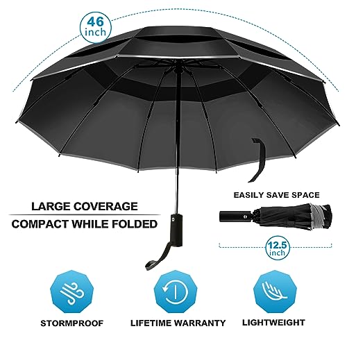 Trenovo Travel Inverted Umbrella - 10 Ribs Automatic Folding Reverse Umbrella, Upside Down Reflective Umbrella, Compact Windproof Umbrella with Double Vented Canopy for Women Men - Black