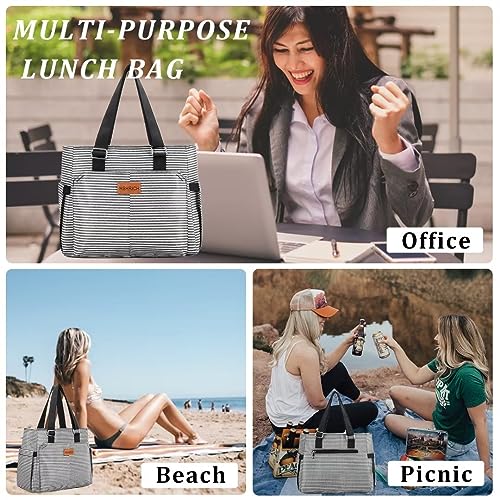 Large Women Lunch Bags for Work/Insulated Adult Lunch Box for Women/Leakproof Cooler Lunch Tote Bag with Storage Pocket. Reusable Lunch Cooler Purse for Work Picnic Hiking 12L, Stripe