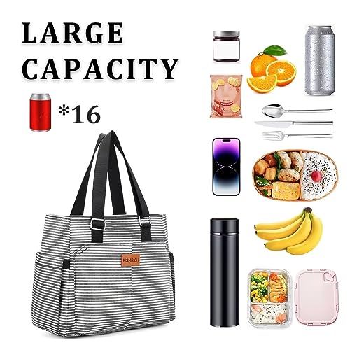 Large Women Lunch Bags for Work/Insulated Adult Lunch Box for Women/Leakproof Cooler Lunch Tote Bag with Storage Pocket. Reusable Lunch Cooler Purse for Work Picnic Hiking 12L, Stripe