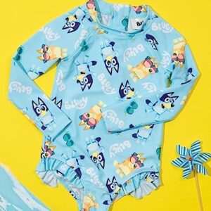 Bluey Girls Swimsuit | Baby Toddlers Blue Bingo Swimming Costume Long Sleeve with Frill