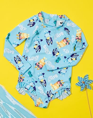 Bluey Girls Swimsuit | Baby Toddlers Blue Bingo Swimming Costume Long Sleeve with Frill