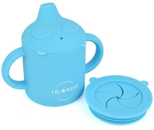 lil' star silicone sippy cup and snack cup 2-in-1 | 5oz sippy cups for baby 6+ months | spill proof sippy cups for toddlers | soft silicone baby training cup with handles | bpa free (blue)
