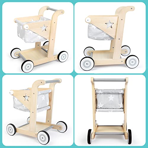 Asweets 2 in 1 Wooden Baby Walker Push and Pull Doll Stroller,Shopping Cart Learning Walker for Boys and Girls Sit Stand Learning Walker Toddler Toy