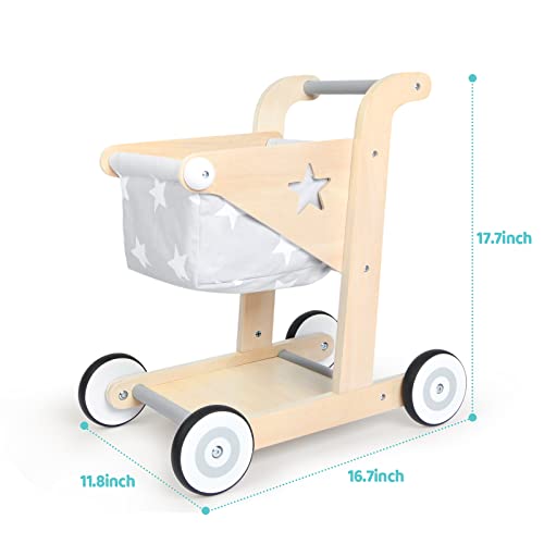 Asweets 2 in 1 Wooden Baby Walker Push and Pull Doll Stroller,Shopping Cart Learning Walker for Boys and Girls Sit Stand Learning Walker Toddler Toy