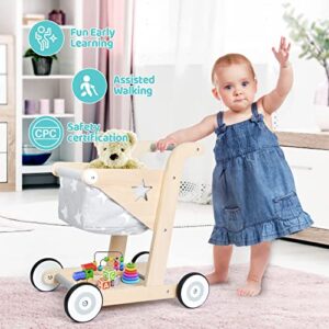 Asweets 2 in 1 Wooden Baby Walker Push and Pull Doll Stroller,Shopping Cart Learning Walker for Boys and Girls Sit Stand Learning Walker Toddler Toy