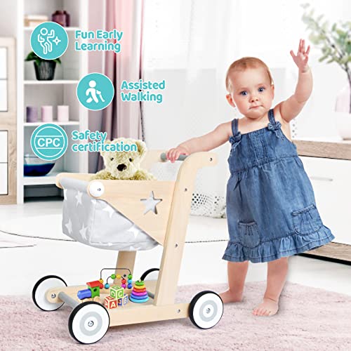 Asweets 2 in 1 Wooden Baby Walker Push and Pull Doll Stroller,Shopping Cart Learning Walker for Boys and Girls Sit Stand Learning Walker Toddler Toy