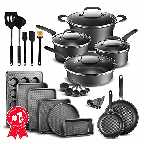 Cookware Set – 23 Piece –Black Multi-Sized Cooking Pots with Lids, Skillet Fry Pans and Bakeware – Reinforced Pressed Aluminum Metal - Suitable for Gas, Electric, Ceramic and Induction by BAKKEN Swiss