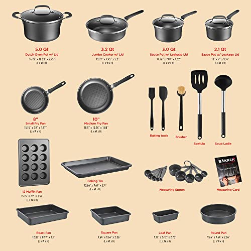 Cookware Set – 23 Piece –Black Multi-Sized Cooking Pots with Lids, Skillet Fry Pans and Bakeware – Reinforced Pressed Aluminum Metal - Suitable for Gas, Electric, Ceramic and Induction by BAKKEN Swiss