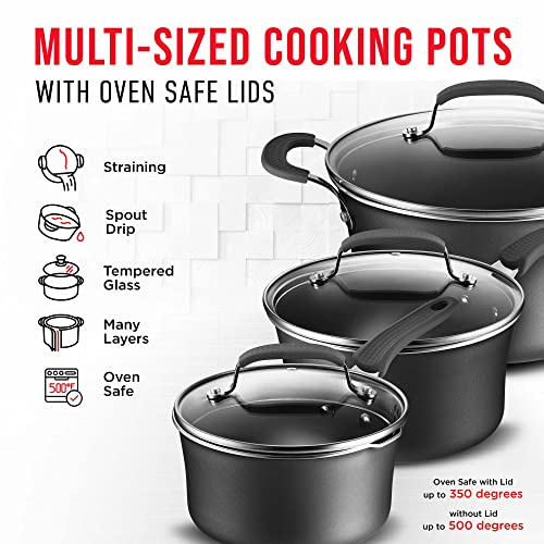 Cookware Set – 23 Piece –Black Multi-Sized Cooking Pots with Lids, Skillet Fry Pans and Bakeware – Reinforced Pressed Aluminum Metal - Suitable for Gas, Electric, Ceramic and Induction by BAKKEN Swiss