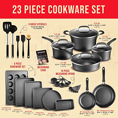 Cookware Set – 23 Piece –Black Multi-Sized Cooking Pots with Lids, Skillet Fry Pans and Bakeware – Reinforced Pressed Aluminum Metal - Suitable for Gas, Electric, Ceramic and Induction by BAKKEN Swiss