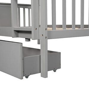 Harper & Bright Designs Full Over Full Bunk Beds with Storage,Wood Bunk Beds Full Over Full Size with Drawers,Full Bunk Beds with High Length Guardrail for Kids,Teens,Adults, Grey