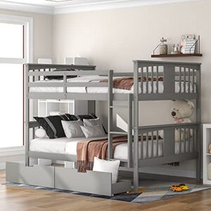 harper & bright designs full over full bunk beds with storage,wood bunk beds full over full size with drawers,full bunk beds with high length guardrail for kids,teens,adults, grey