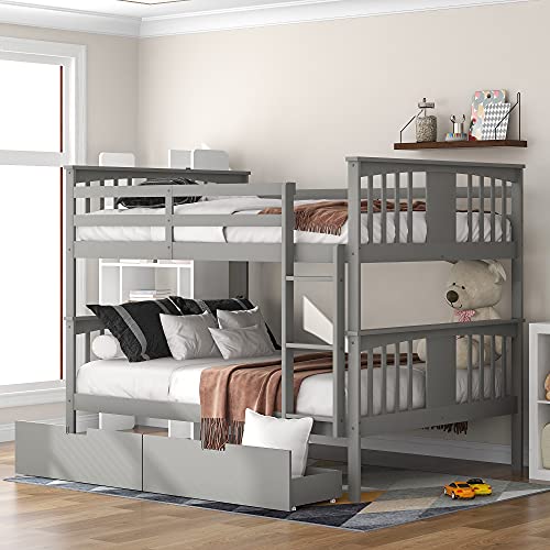 Harper & Bright Designs Full Over Full Bunk Beds with Storage,Wood Bunk Beds Full Over Full Size with Drawers,Full Bunk Beds with High Length Guardrail for Kids,Teens,Adults, Grey