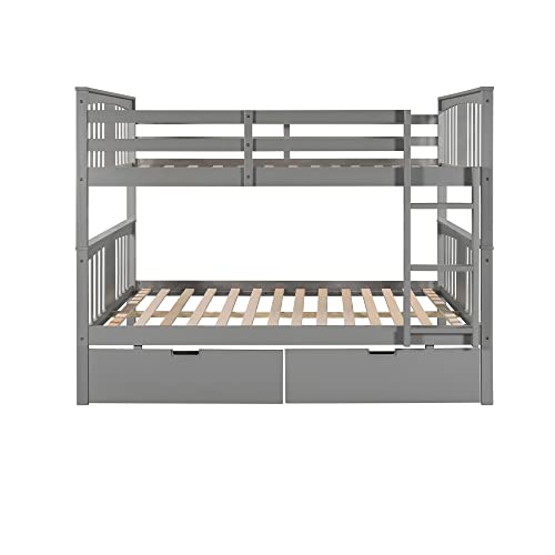 Harper & Bright Designs Full Over Full Bunk Beds with Storage,Wood Bunk Beds Full Over Full Size with Drawers,Full Bunk Beds with High Length Guardrail for Kids,Teens,Adults, Grey