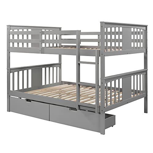 Harper & Bright Designs Full Over Full Bunk Beds with Storage,Wood Bunk Beds Full Over Full Size with Drawers,Full Bunk Beds with High Length Guardrail for Kids,Teens,Adults, Grey