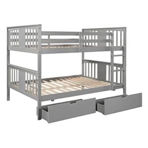 Harper & Bright Designs Full Over Full Bunk Beds with Storage,Wood Bunk Beds Full Over Full Size with Drawers,Full Bunk Beds with High Length Guardrail for Kids,Teens,Adults, Grey