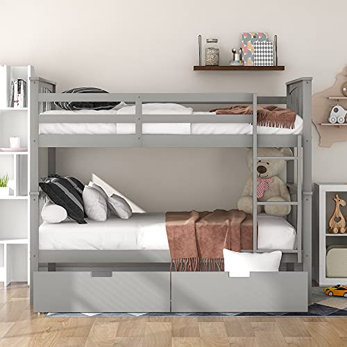 Harper & Bright Designs Full Over Full Bunk Beds with Storage,Wood Bunk Beds Full Over Full Size with Drawers,Full Bunk Beds with High Length Guardrail for Kids,Teens,Adults, Grey