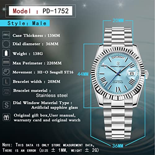 RollsTimi Pagani Design Men's Watches, 36mm Automatic Mechanical Stainless Steel 100M Waterproof Luxury Wrist Watch for Men, Double Date Display Sapphire Dial Glass (Light Blue HA-1752)