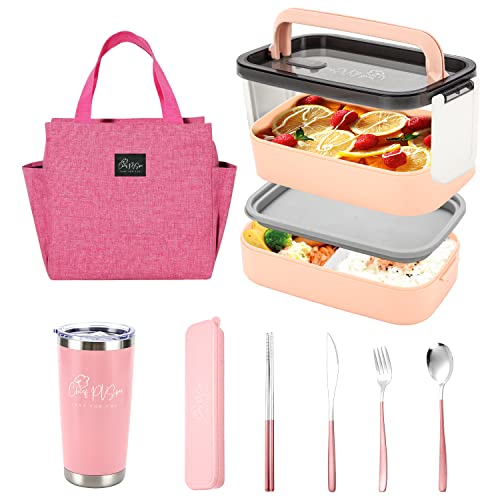 PVSpro JUST FOR YOU Bento Box Set with Insulated Tote, Mug & Cutlery Set, Stackable Bento Box for Lunch, Bento Kit Lunch Box with Handle, Large Bento Lunchbox Container, Japanese Bento (Pink)