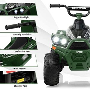 Costzon Kids ATV, 12V Battery Powered Electric Vehicle with High/Low Speed, Treaded Tires, Headlights, Horn, Music, Forward & Backward, Gift for Boys & Girls, Ride on 4 Wheeler Quad (Green)