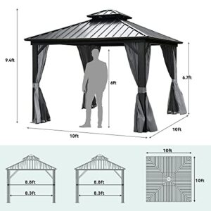 YITAHOME 10x10ft Hardtop Gazebo with Nettings and Curtains, Heavy Duty Double Roof Galvanized Steel Outdoor Combined of Vertical Stripes Roof for Patio, Backyard, Deck, Lawns, Gray