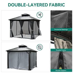 YITAHOME 10x10ft Hardtop Gazebo with Nettings and Curtains, Heavy Duty Double Roof Galvanized Steel Outdoor Combined of Vertical Stripes Roof for Patio, Backyard, Deck, Lawns, Gray