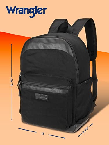 Wrangler Powell Backpack for Travel Classic Logo Water Resistant Casual Daypack for Travel with Padded Laptop Notebook Sleeve (Black)