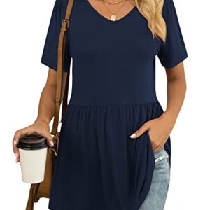 YVH Women's Tunic Tops for Summer Casual V-Neck Babydoll Shirts Short Sleeve Blouse, Navy Blue, XL