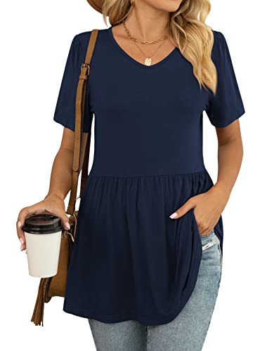 YVH Women's Tunic Tops for Summer Casual V-Neck Babydoll Shirts Short Sleeve Blouse, Navy Blue, XL