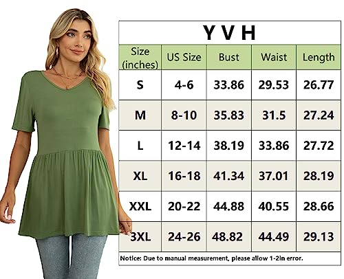 YVH Women's Tunic Tops for Summer Casual V-Neck Babydoll Shirts Short Sleeve Blouse, Navy Blue, XL