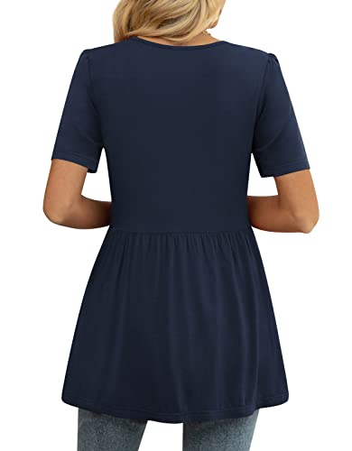 YVH Women's Tunic Tops for Summer Casual V-Neck Babydoll Shirts Short Sleeve Blouse, Navy Blue, XL