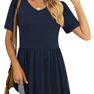 YVH Women's Tunic Tops for Summer Casual V-Neck Babydoll Shirts Short Sleeve Blouse, Navy Blue, XL