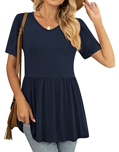 YVH Women's Tunic Tops for Summer Casual V-Neck Babydoll Shirts Short Sleeve Blouse, Navy Blue, XL