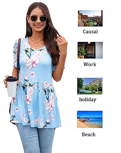 YVH Women's Tunic Tops for Summer Casual V-Neck Babydoll Shirts Short Sleeve Blouse, Navy Blue, XL